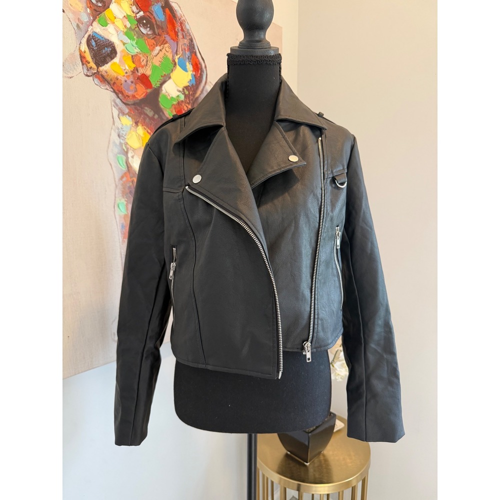Missguided Petite Ultimate Boxy Biker Jacket Black Faux Leather Moto US 4